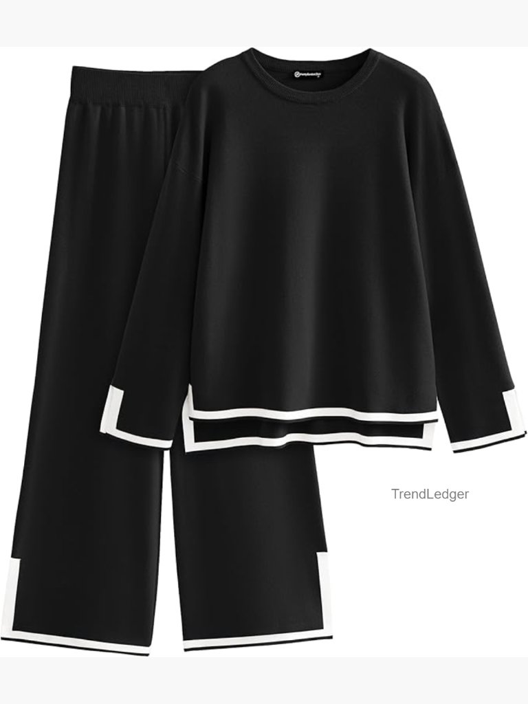 2 Piece Knit Sweater Set Crewneck Top Wide Leg Pants Tracksuit Outfit